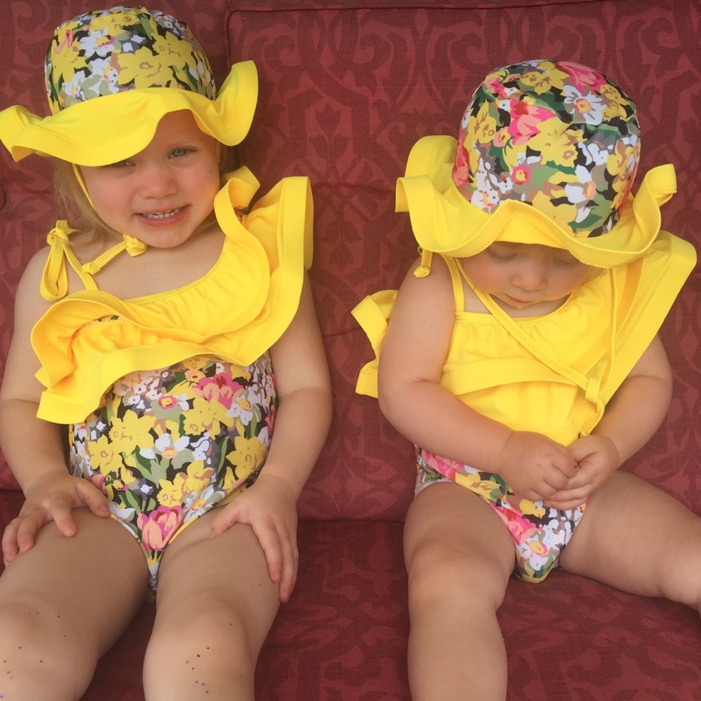 Boutique Girls Yellow Ruffle Swimsuit & Hat - Picture 3 of 4